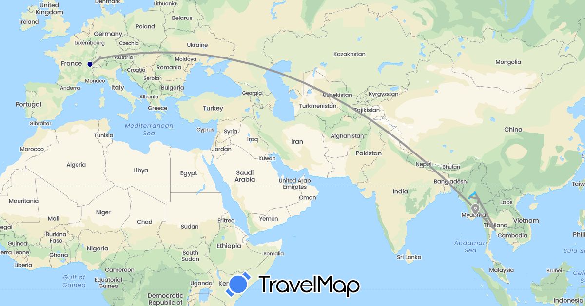TravelMap itinerary: driving, plane, boat in Switzerland, Myanmar (Burma), Thailand (Asia, Europe)
