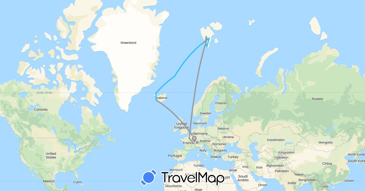 TravelMap itinerary: driving, plane, boat in Switzerland, France, Iceland, Norway (Europe)