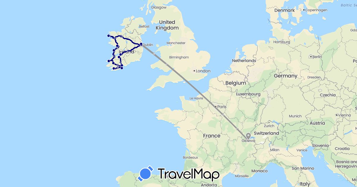TravelMap itinerary: driving, plane in Switzerland, Ireland (Europe)