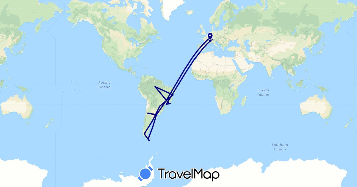 TravelMap itinerary: driving in Argentina, Brazil, Switzerland, Chile, Germany (Europe, South America)